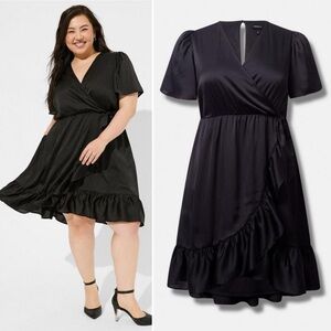 Torrid Mini Bubble Charmeuse Faux Wrap Dress Ruffle Black Party Wedding Sz M/L